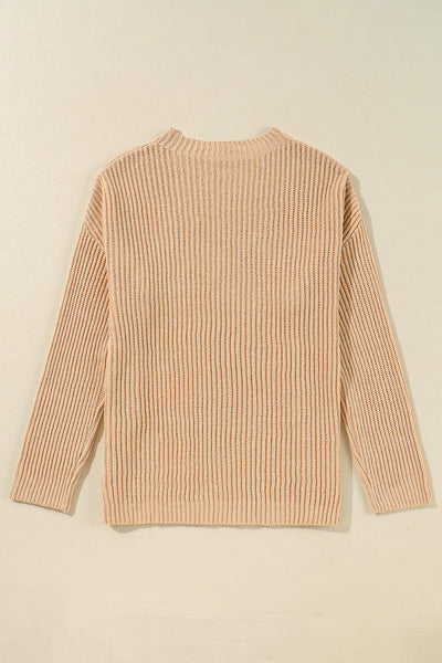 Cozy Women's Apricot Cable Knit Sweater with Drop Shoulders & Side Slits - Relaxed Fit for Effortless Fall Fashion
