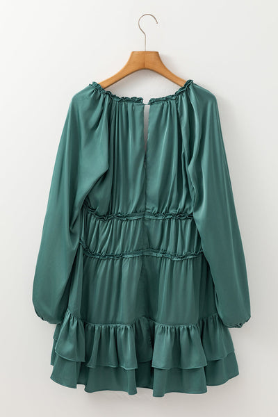 Women's Mist Green Puff Sleeve Mini Dress - Tiered Ruffled Design, Loose Fit, Ideal for Summer Outings and Casual Events