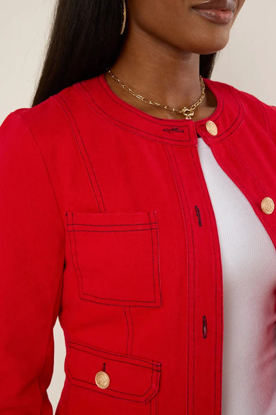 Chic Women's Fiery Red Tailored Jacket with Patched Pockets and Gold Buttons - Stylish Outerwear for Every Occasion
