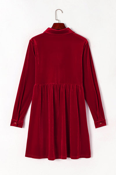 Chic Women's Fiery Red Velvet Long Sleeve Ruffle Dress - Stylish Button-Up Fit Perfect for Special Occasions
