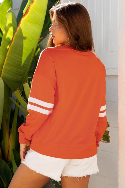 Women's Sequin Turkey Varsity Striped Sweatshirt in Burnt Orange made for easy styling and wardrobe coordination, with premium-like structure and