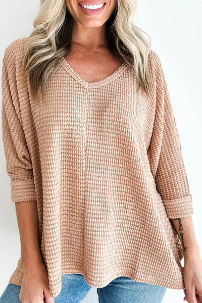 Effortless Casual Women's Light Beige 3/4 Sleeve V-Neck Textured Knit Top in Loose Fit for Everyday Wear