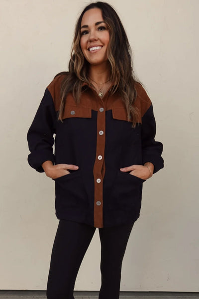 Chic Women's Color Block Corduroy Shacket with Button Flap - Stylish Fall Layering Essential in Vibrant Hues