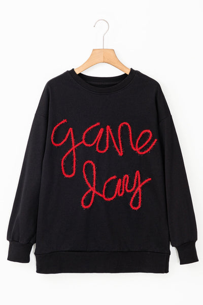 Stylish Women's Black Graphic Sweatshirt with Drop Shoulders for Game Day Comfort and Trendy Casual Wear