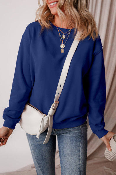 Cozy Women's Navy Blue Fleece-Lined Drop Shoulder Sweatshirt - Casual Comfort for Everyday Wear