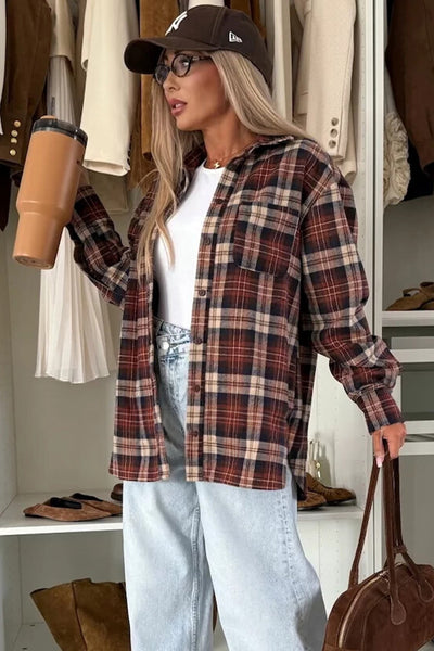 Cozy Mineral Red Plaid Boyfriend Shacket for Women Stylish Flannel Overshirt with Chest Pocket for Casual Layering