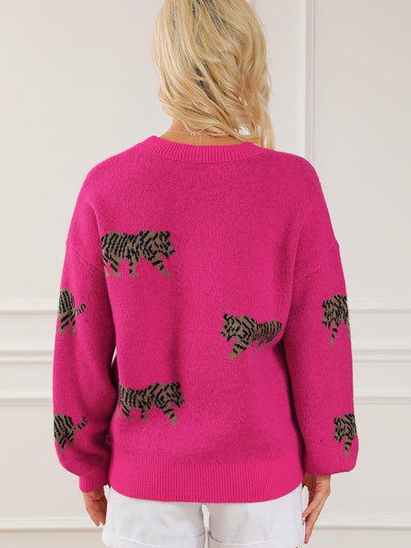 Fierce Leopard Print Rose Red Knit Sweater for Casual Chic
