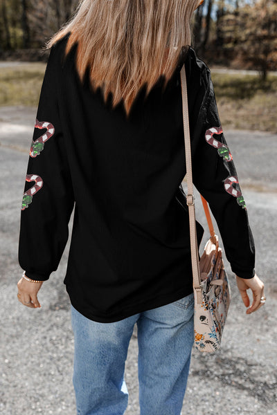 Women's Black Heart Candy Cane Sequin Fleece Sweatshirt