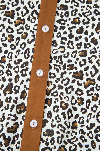 Plus Size Women's Trendy Khaki Leopard Print Mini Dress with Puff Sleeves and Button V-Neck for a Comfortable Fit