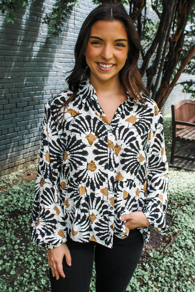 Women's Black Abstract Floral Long Sleeve Ruffle Hem Top - Trendy Casual Shirt for Everyday Style and Comfort