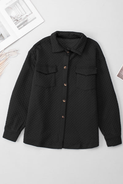 Women's Black Retro Quilted Shacket with Flap Pockets - Chic Button-Up Overshirt for Effortless Casual Style