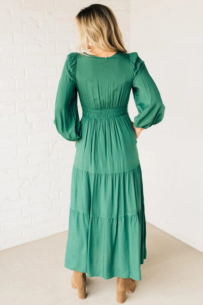 Women's Embroidered Sea Green Tiered Maxi Dress with Smocked Waist