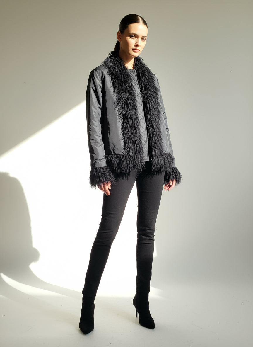 Y2K Suzy Shier Faux Fur Trim Black Jacket
