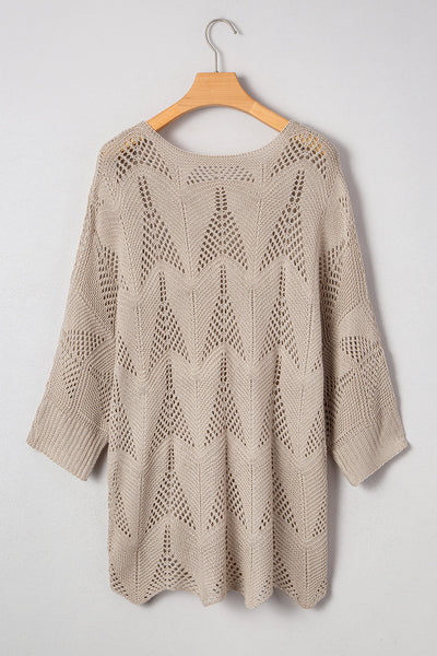Women's Relaxed Fit Crochet Sweater in Soft Beige - Trendy Hollow Out Knit Top for Spring and Summer Fashion