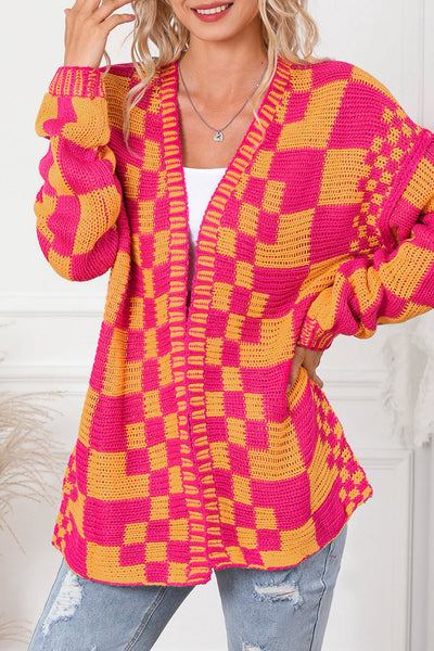Cozy Women's Multicolor Checkered Knit Cardigan - Stylish Open Front Layer for Every Occasion and Effortless Chic