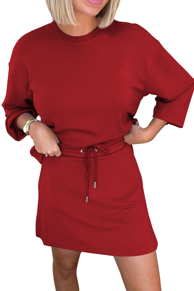 Chic Women's Racing Red Drop Shoulder Pullover & Drawstring Mini Skirt Set - Trendy 2-Piece Outfit for Stylish Looks