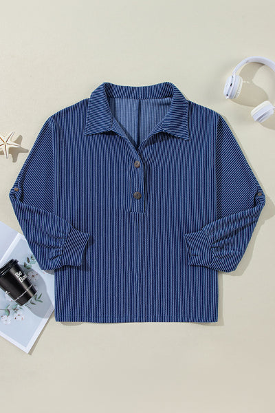Women‚Äôs Casual Chic Navy Blue Oversized Twist Ribbed Henley Top with Roll-Up Sleeves for Effortless Style