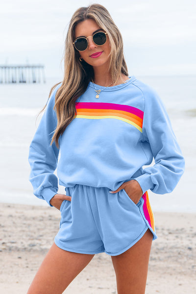 Chic Beau Blue Casual Two-Piece Set for Women - Trendy Pullover and Stylish Shorts with Fashionable Accents
