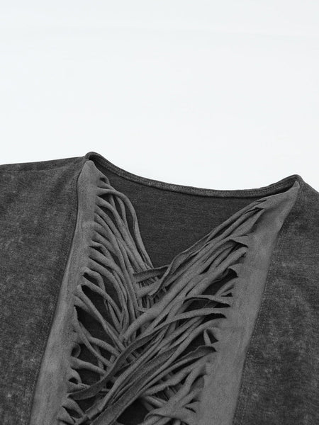 Women's Chic Black Fringed Hem Cardigan with Pockets