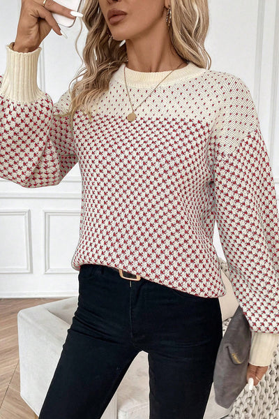 Chic Women's Red Lantern Sleeve Sweater with Stylish Contrast Patterns for Cozy Fall Fashion
