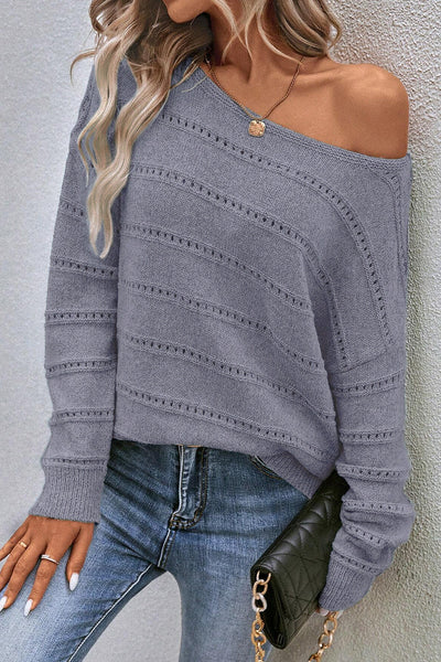 Light Grey Pointelle Knit Sweater for Women - Cozy Boat Neck, Drop Shoulder Design for Effortless Everyday Style
