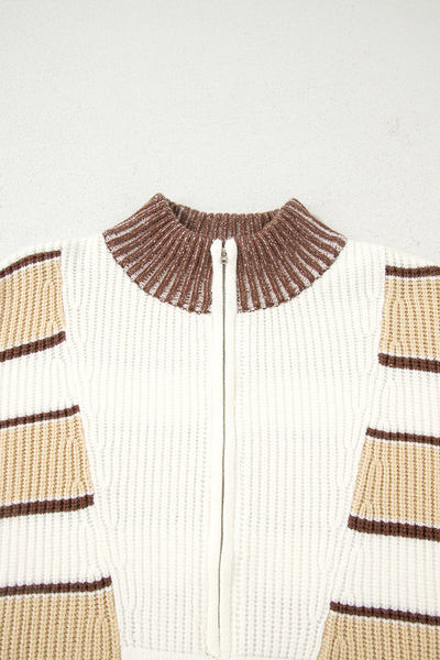 Women's Khaki Stripe Half-Zip Sweater with Drop Shoulder