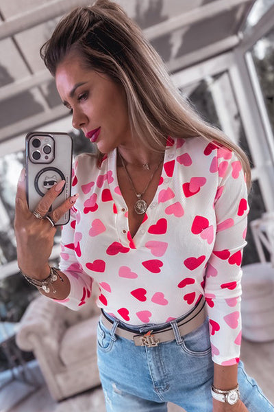 women's fitted pink heart print long sleeve top with buttoned neckline - perfect for valentine's day celebrations with practical styling and