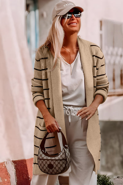 Chic Women's Black Stripe Open Cardigan with Shawl Neckline and Pockets - Cozy Layering Essential for Every Occasion