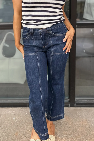 Women's Flattering High Waist Straight Leg Jeans in Dirty Blue with Stylish Contrast Seaming for Everyday Wear