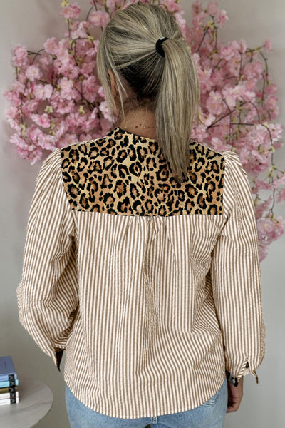 Women's Trendy Women's Brown Stripe Leopard Print Long Sleeve Shirt with Patchwork Detail - Chic Casual Fashion Top