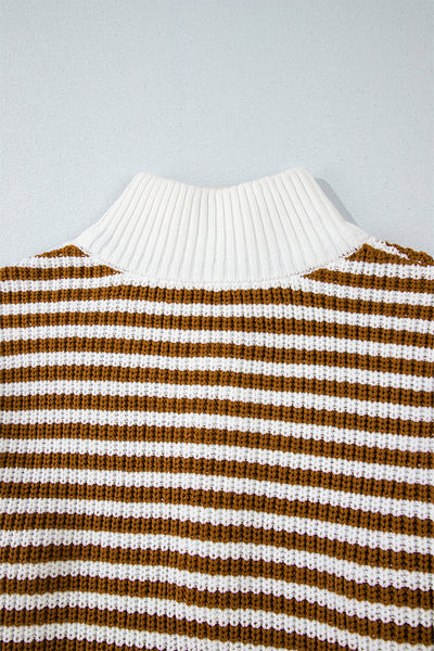 Cozy Women's Khaki Stripe Zip-Up Sweater with Drop Shoulder for Effortless Casual Chic