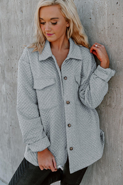 Women's Gray Retro Quilted Shacket with Pockets - Trendy Button-Up Jacket for Chic Layered Style and Comfort made for easy styling and wardrobe