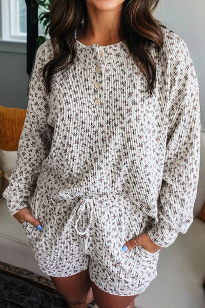Women's Floral Ribbed Henley Top and Drawstring Shorts Set