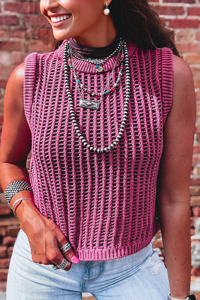Women's Meadow Mauve Knitted Sweater Tank Top with Ribbed Trim & Chic Hollow Out Details for a Trendy Look