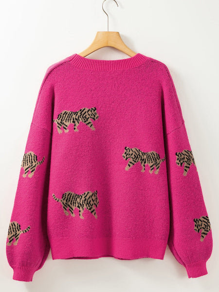 Fierce Leopard Print Rose Red Knit Sweater for Casual Chic