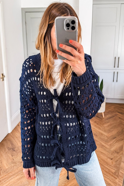 Women's Lightweight Navy Blue Crochet Tie Front Cardigan - Chic Knit Sweater for Casual Spring & Summer Outings