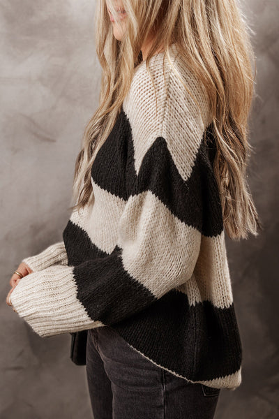 Cozy Women's Colorblock Pullover Sweater in Jet Stream - Loose Fit Knit for Stylish Casual Fall Looks