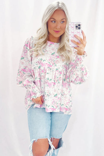 Women's Pink Floral Babydoll Blouse with Balloon Sleeves & Keyhole Back - Stylish, Comfortable Top for Everyday Wear