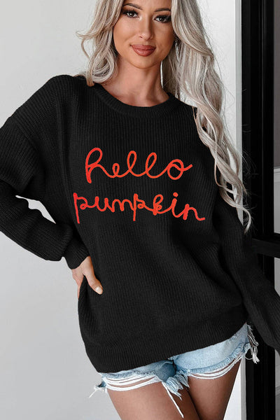 Cozy Women's Black Hello Pumpkin Graphic Sweater - Casual Fall Style for Halloween Celebrations and Everyday Wear