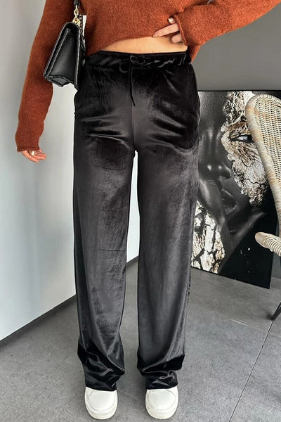 Chic Women's Black Velvet High Waist Straight Leg Pants with Adjustable Drawstring for a Flattering Fit
