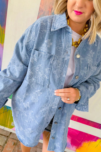 Women's Casual Denim Shacket with Floral Butterfly Print, Double Patch Pockets, Trendy Relaxed Fit for Everyday Wear
