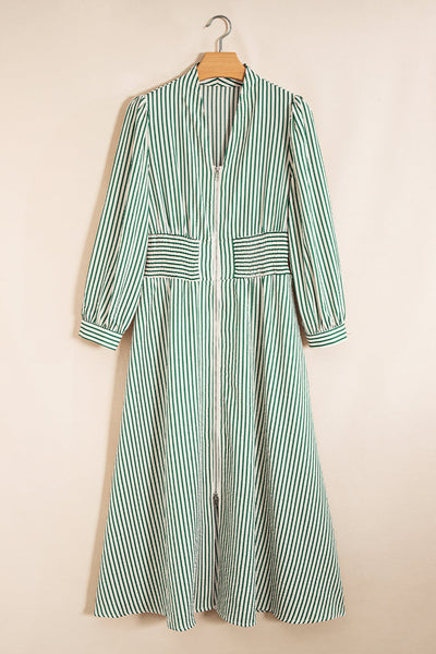 Stylish Women's Green Stripe Midi Dress - Flattering Summer Outfit with Trendy Design and Comfortable Fit