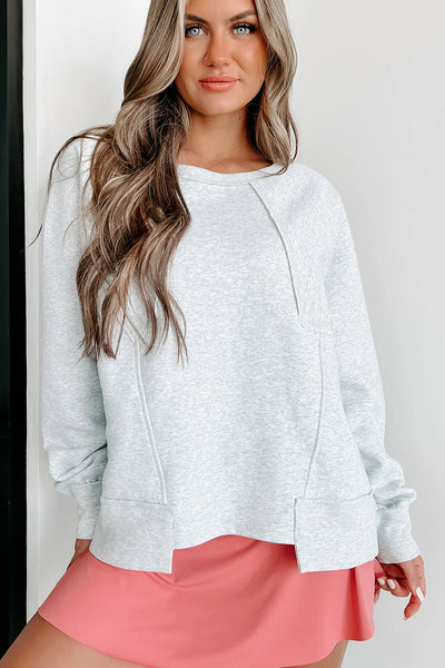 Women's Light Grey Oversized Casual Sweatshirt with Unique Patch Detail & Asymmetrical Hem for Everyday Comfort