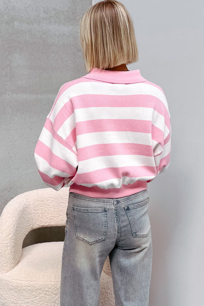 Effortless Casual Women's Pink Striped Sweater with Zipped Collar & Drop Shoulder for Ultimate Comfort and Style