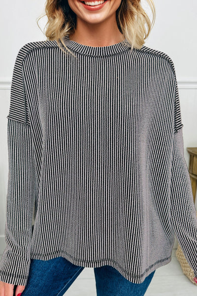 Women's Relaxed Fit Black Twist Ribbed Long Sleeve Tee with Exposed Seams - Chic Casual Top for Everyday Wear
