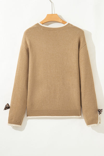 Women's Camel Knit Pullover with Leopard Bow Cuffs