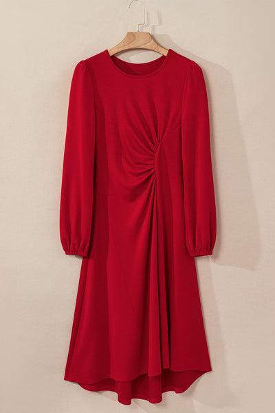 Women's Fiery Red Ruched Midi Dress with Bishop Sleeves