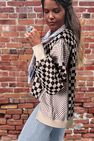 Women's Khaki Checkered High-Low Casual Top with Patchwork Design - Trendy & Comfortable for Everyday Wear