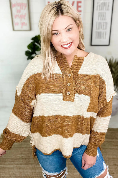 Plus Size Women's Khaki Striped Henley Sweater with Raw Seams, Drop Shoulders, and Stylish Chest Pocket