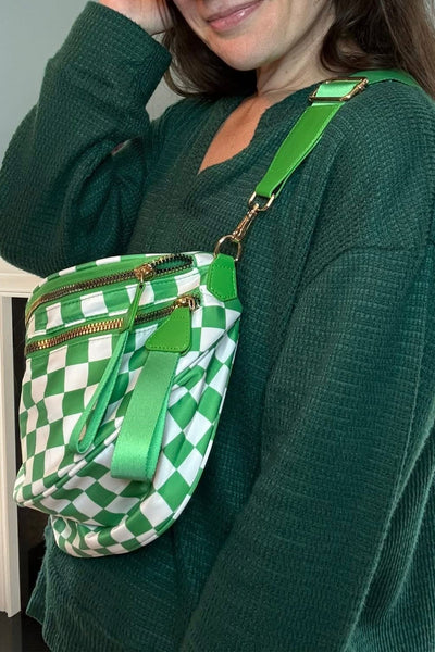 Women's Green Checkered Nylon Crossbody Bag with Wide Strap